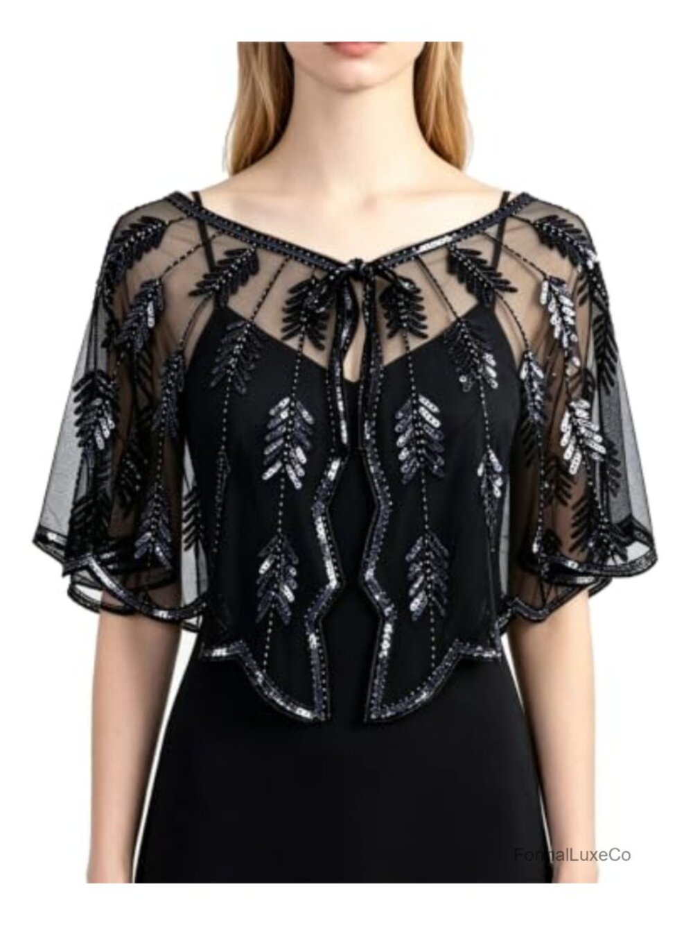Womens Beaded Sequin Chiffon Shawl Wrap Capelet Shrug for Wedding Evening